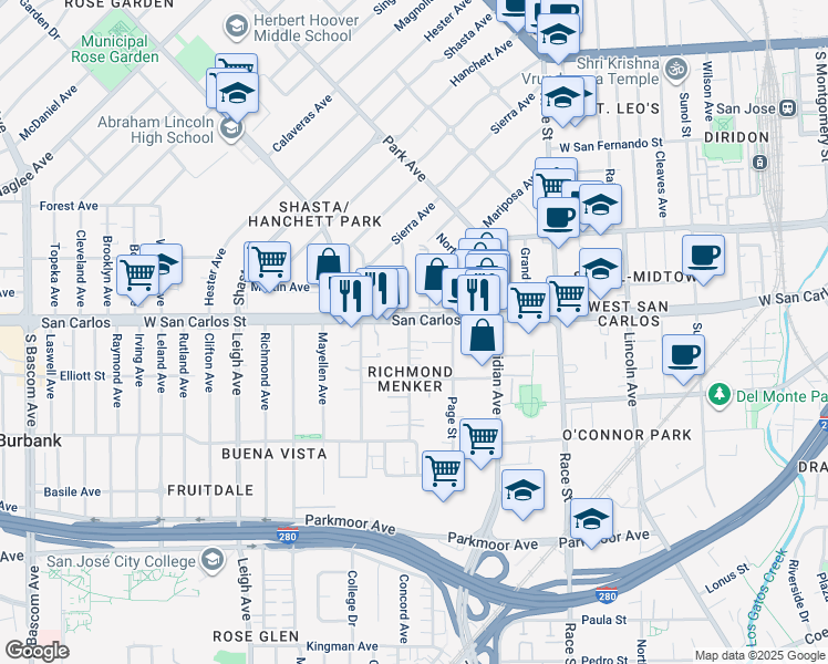 map of restaurants, bars, coffee shops, grocery stores, and more near 326 Willard Avenue in San Jose