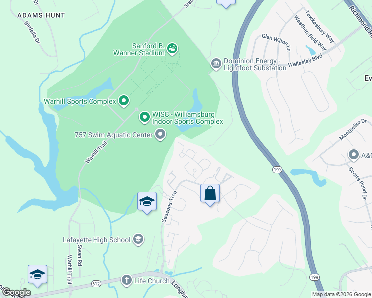 map of restaurants, bars, coffee shops, grocery stores, and more near 837 Vail Ridge in Williamsburg