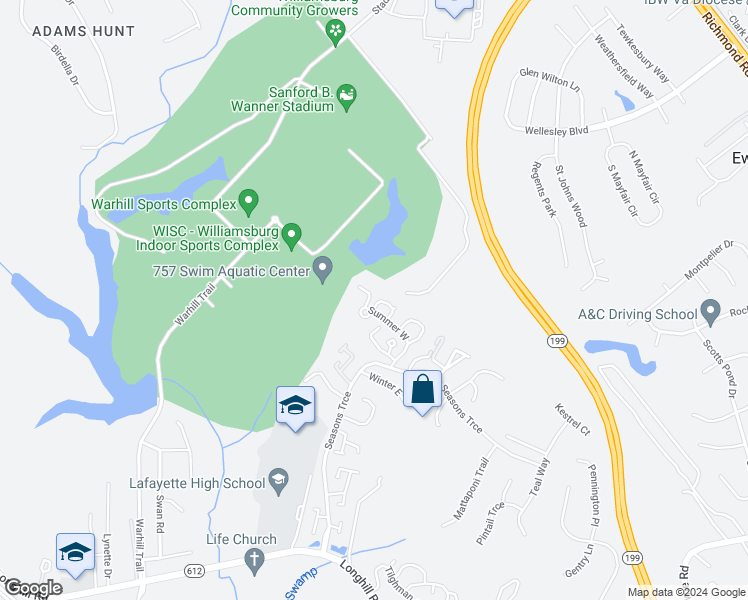 map of restaurants, bars, coffee shops, grocery stores, and more near 845 Vail Ridge in Williamsburg