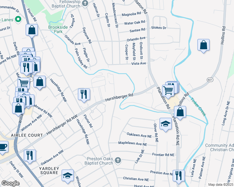 map of restaurants, bars, coffee shops, grocery stores, and more near 233 Hershberger Road Northwest in Roanoke