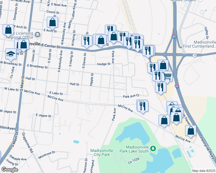 map of restaurants, bars, coffee shops, grocery stores, and more near 643 Hall Street in Madisonville