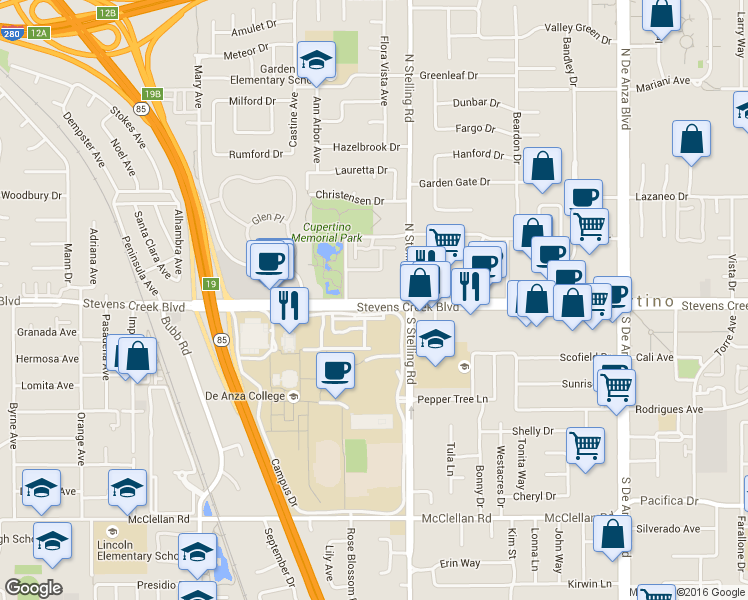 map of restaurants, bars, coffee shops, grocery stores, and more near 21113 Stevens Creek Boulevard in Cupertino