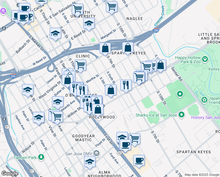 map of restaurants, bars, coffee shops, grocery stores, and more near 1036 South 5th Street in San Jose
