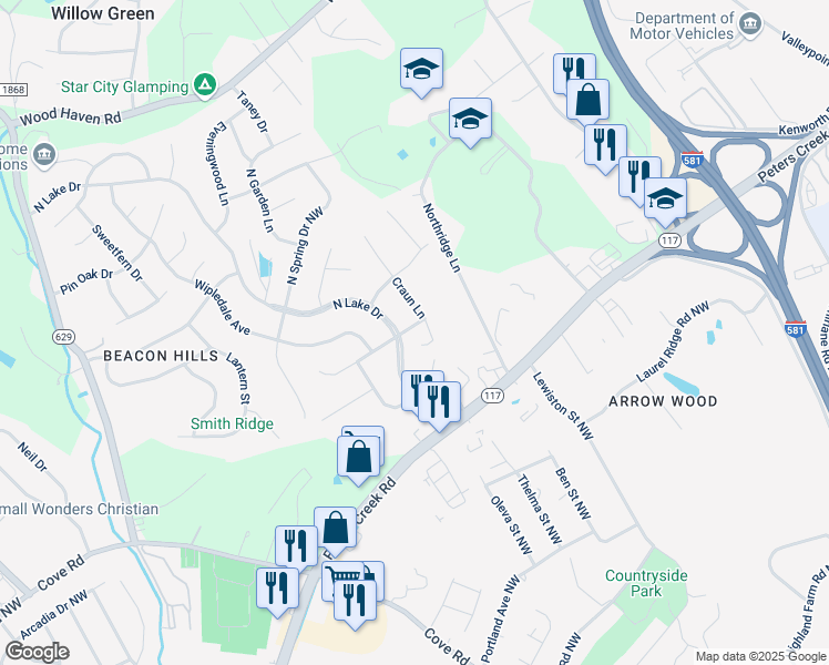 map of restaurants, bars, coffee shops, grocery stores, and more near 3213 Northside Road in Roanoke