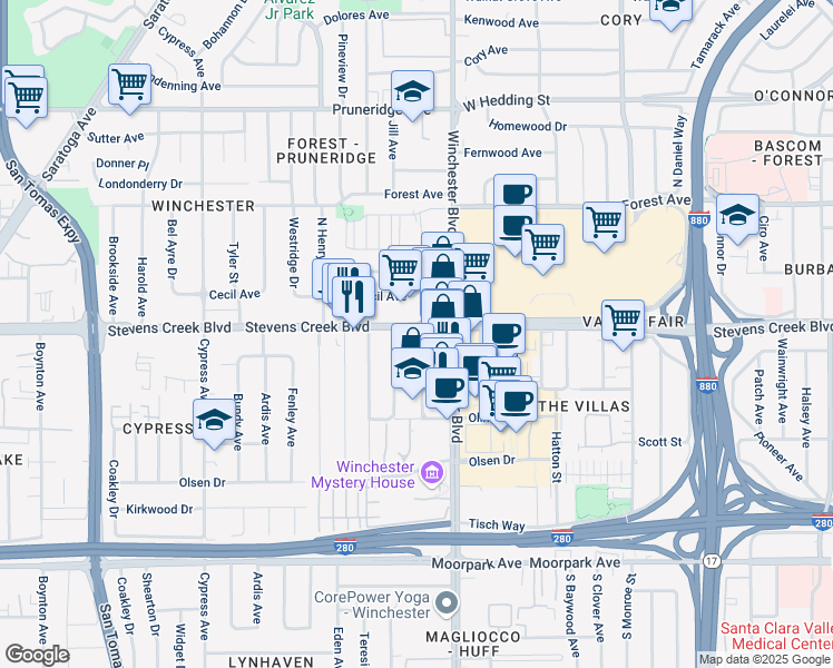 map of restaurants, bars, coffee shops, grocery stores, and more near 3136 Stevens Creek Boulevard in San Jose