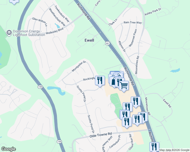 map of restaurants, bars, coffee shops, grocery stores, and more near 5800 Montpelier Drive in Williamsburg