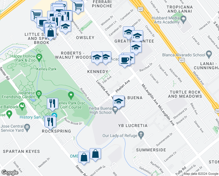 map of restaurants, bars, coffee shops, grocery stores, and more near 955 Mills Corner Lane in San Jose