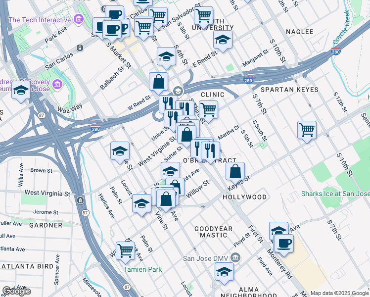 map of restaurants, bars, coffee shops, grocery stores, and more near 869 South 1st Street in San Jose