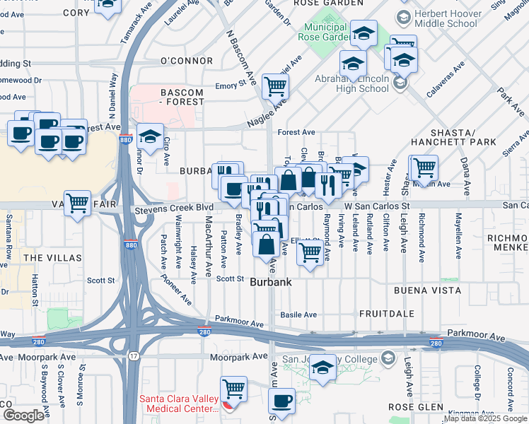 map of restaurants, bars, coffee shops, grocery stores, and more near in San Jose