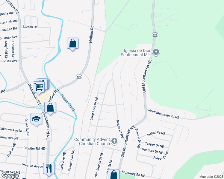 map of restaurants, bars, coffee shops, grocery stores, and more near 4758 Nelms Lane Northeast in Roanoke