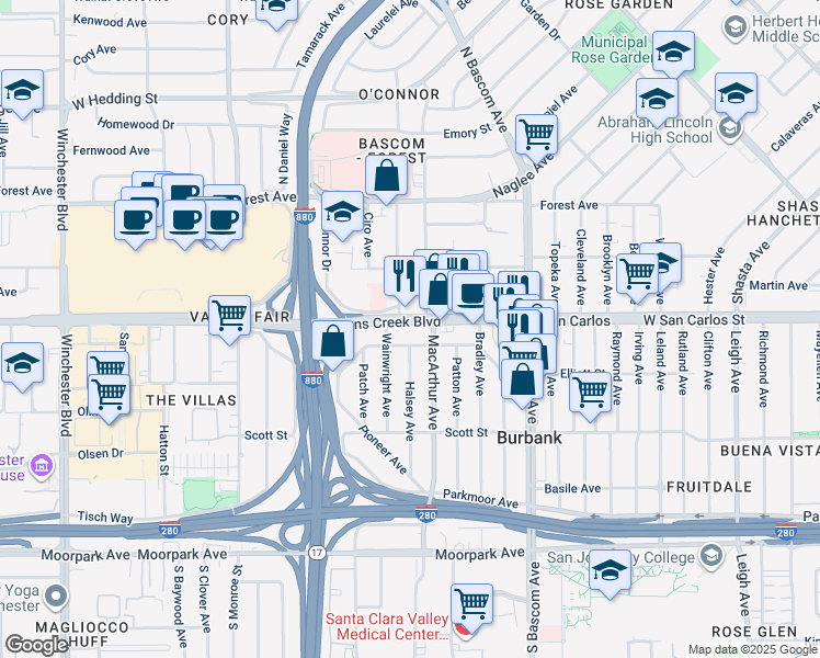 map of restaurants, bars, coffee shops, grocery stores, and more near 2404 Stevens Creek Boulevard in San Jose