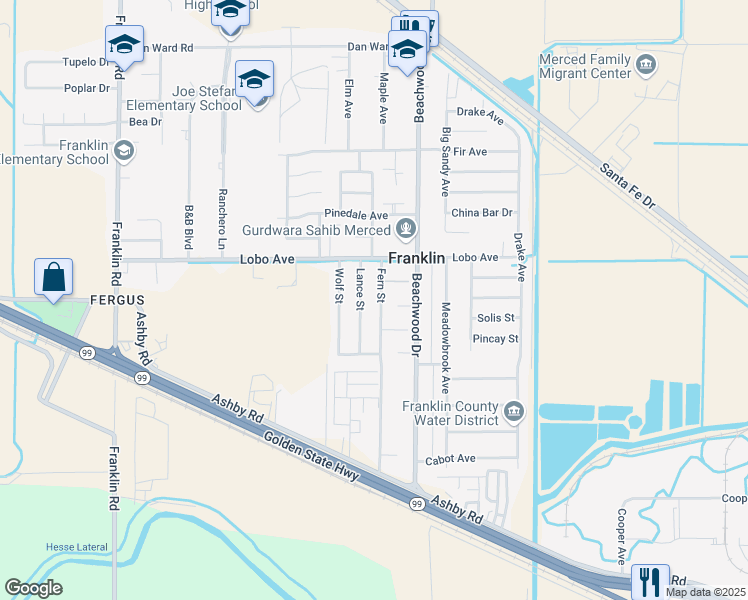 map of restaurants, bars, coffee shops, grocery stores, and more near 2407 Fern Street in Merced