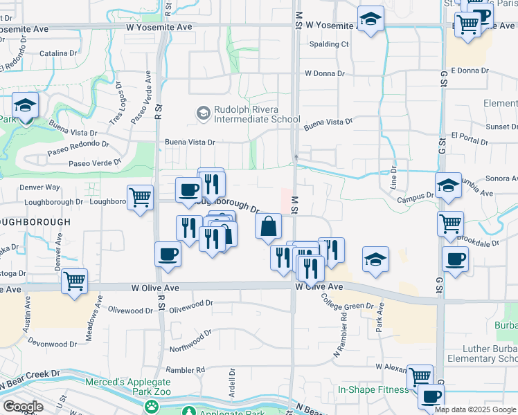 map of restaurants, bars, coffee shops, grocery stores, and more near 673 Loughborough Drive in Merced