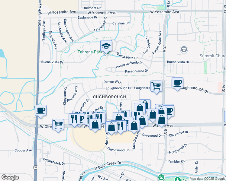 map of restaurants, bars, coffee shops, grocery stores, and more near 1428 Loughborough Drive in Merced