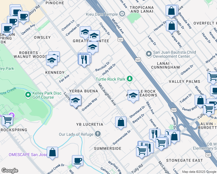 map of restaurants, bars, coffee shops, grocery stores, and more near 1920 McLaughlin Avenue in San Jose