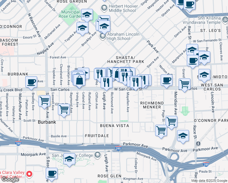 map of restaurants, bars, coffee shops, grocery stores, and more near 313 Richmond Avenue in San Jose