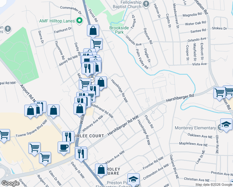map of restaurants, bars, coffee shops, grocery stores, and more near 5101 Hollyhock Road Northwest in Roanoke