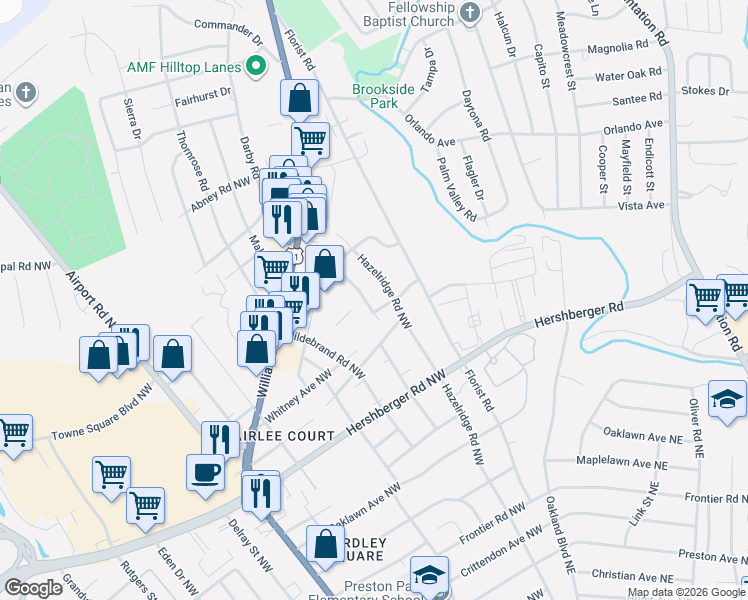 map of restaurants, bars, coffee shops, grocery stores, and more near 5101 Hollyhock Road Northwest in Roanoke