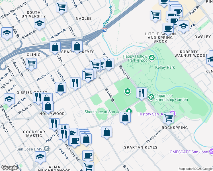 map of restaurants, bars, coffee shops, grocery stores, and more near 1188 South 10th Street in San Jose