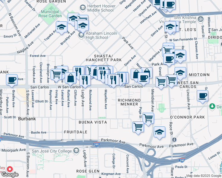map of restaurants, bars, coffee shops, grocery stores, and more near 1570 West San Carlos Street in San Jose