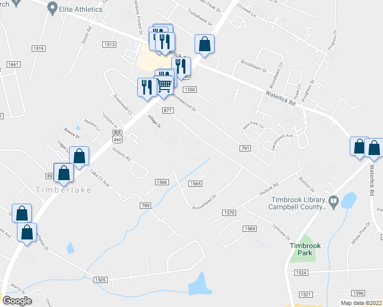 map of restaurants, bars, coffee shops, grocery stores, and more near 96 Brambleridge Court in Lynchburg