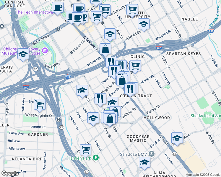 map of restaurants, bars, coffee shops, grocery stores, and more near 70 West Virginia Street in San Jose