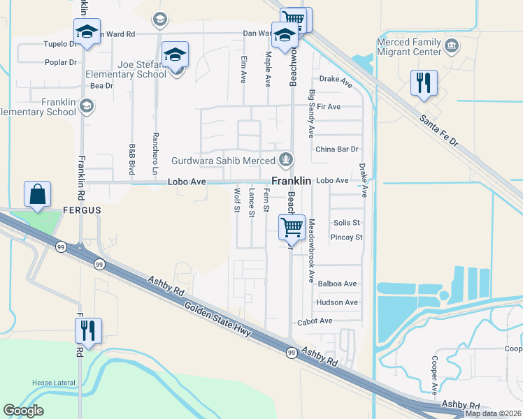 map of restaurants, bars, coffee shops, grocery stores, and more near 2407 Fern Street in Merced