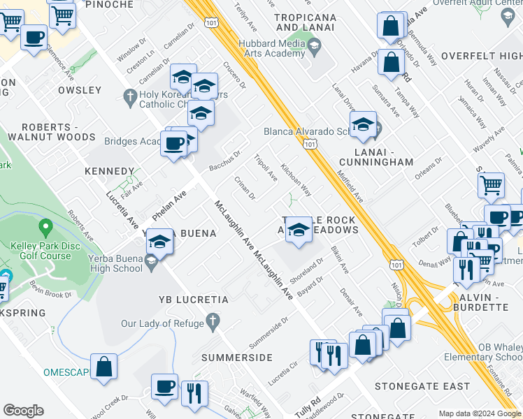 map of restaurants, bars, coffee shops, grocery stores, and more near 1251 Boa Vista Drive in San Jose