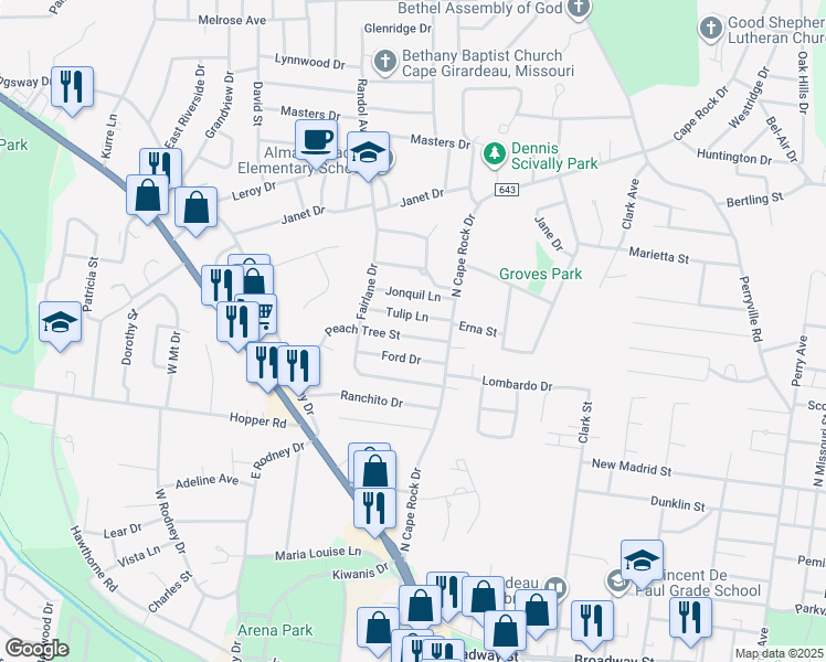 map of restaurants, bars, coffee shops, grocery stores, and more near 2518 Peach Tree Street in Cape Girardeau