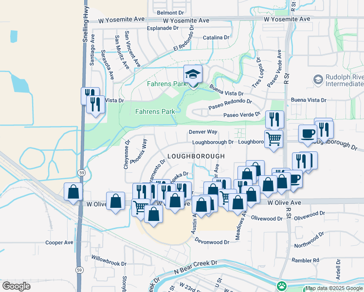 map of restaurants, bars, coffee shops, grocery stores, and more near 1624 Loughborough Drive in Merced