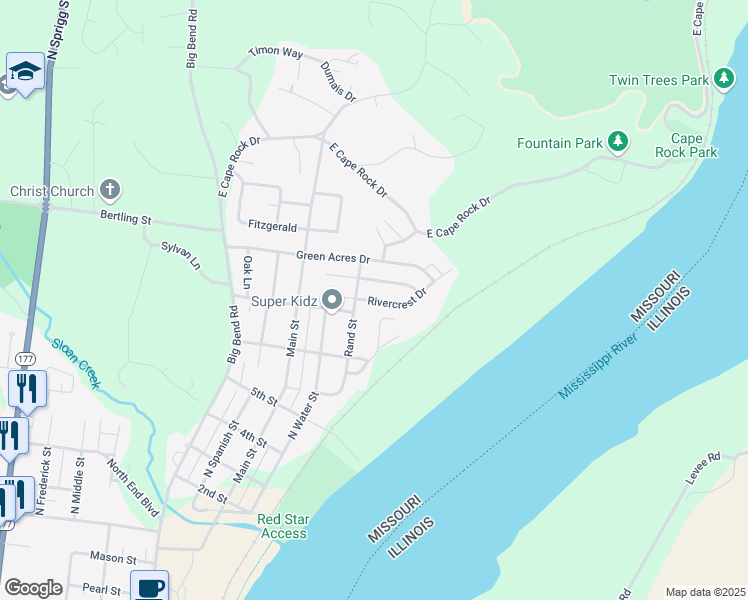 map of restaurants, bars, coffee shops, grocery stores, and more near 73 Rivercrest Drive in Cape Girardeau