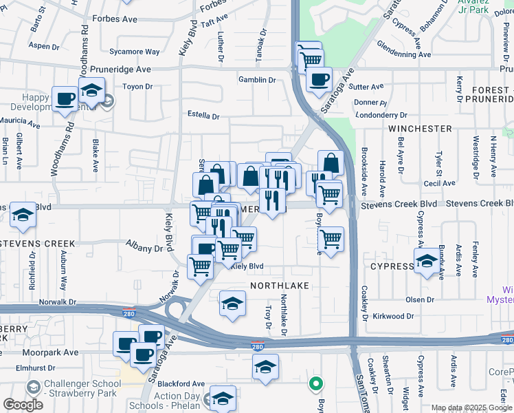 map of restaurants, bars, coffee shops, grocery stores, and more near Stevens Creek Blvd & Saratoga Ave in Santa Clara