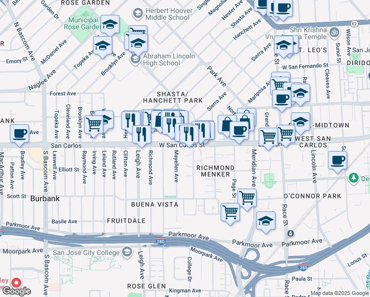 map of restaurants, bars, coffee shops, grocery stores, and more near 1570 West San Carlos Street in San Jose