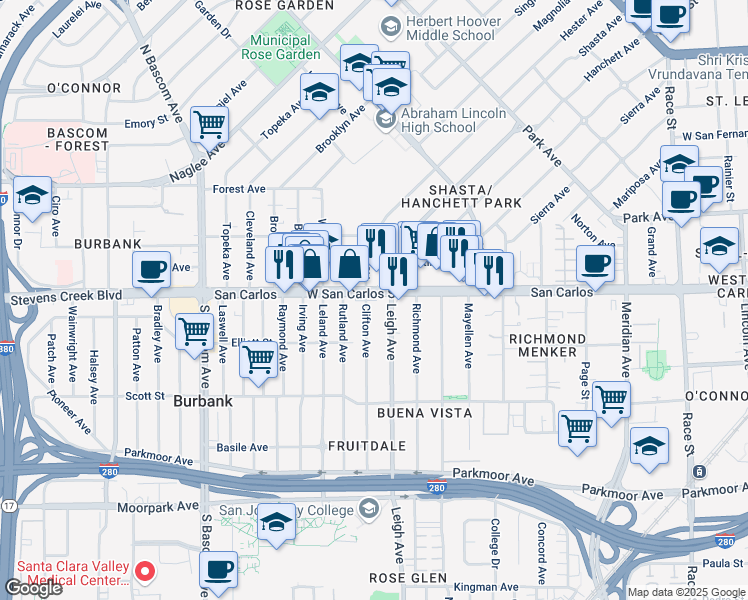 map of restaurants, bars, coffee shops, grocery stores, and more near 1798 West San Carlos Street in San Jose