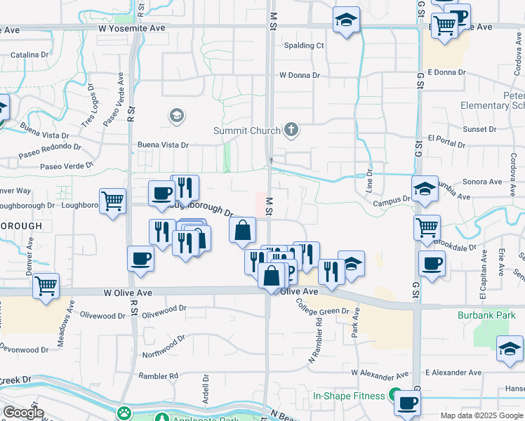 map of restaurants, bars, coffee shops, grocery stores, and more near 3303 M Street in Merced