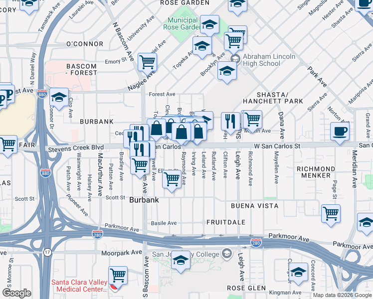 map of restaurants, bars, coffee shops, grocery stores, and more near in San Jose