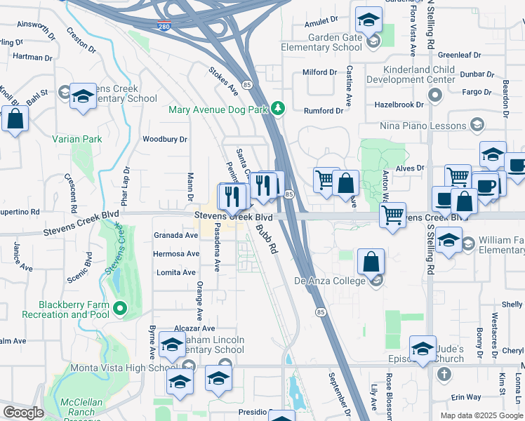 map of restaurants, bars, coffee shops, grocery stores, and more near 21627 Stevens Creek Boulevard in Cupertino