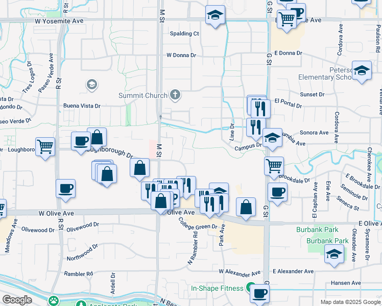 map of restaurants, bars, coffee shops, grocery stores, and more near 365 Collins Drive in Merced