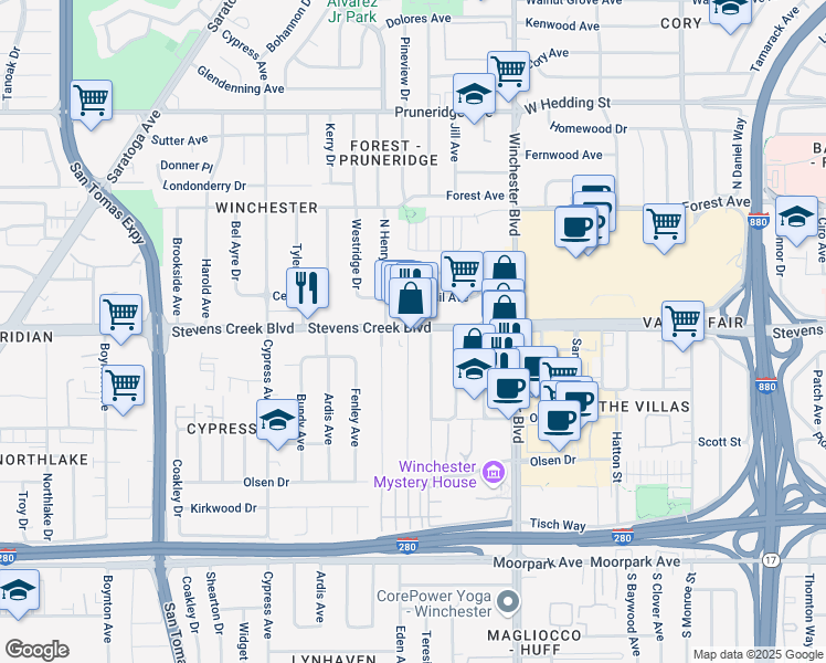 map of restaurants, bars, coffee shops, grocery stores, and more near 305 Rosewood Avenue in San Jose