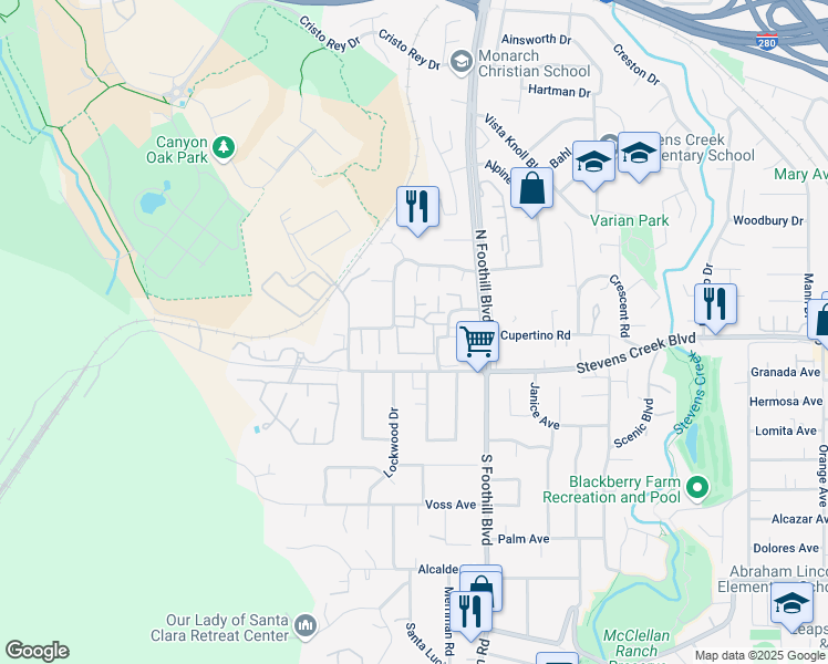 map of restaurants, bars, coffee shops, grocery stores, and more near 22672 Liberty Oak Lane in Cupertino