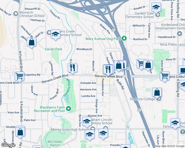 map of restaurants, bars, coffee shops, grocery stores, and more near 21810 Eaton Place in Cupertino