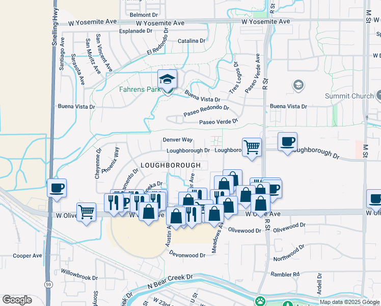 map of restaurants, bars, coffee shops, grocery stores, and more near 1428 Loughborough Drive in Merced