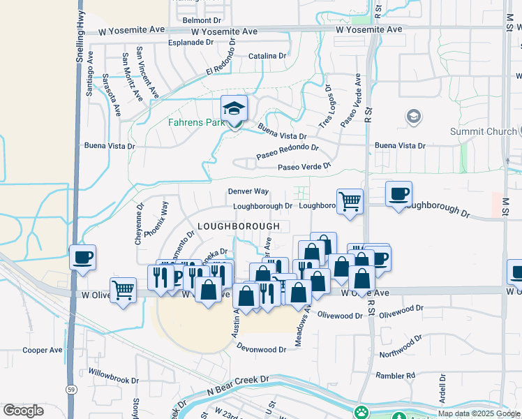 map of restaurants, bars, coffee shops, grocery stores, and more near 1428 Loughborough Drive in Merced
