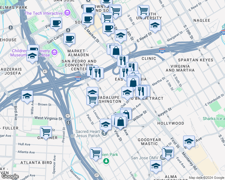 map of restaurants, bars, coffee shops, grocery stores, and more near 131 West Virginia Street in San Jose