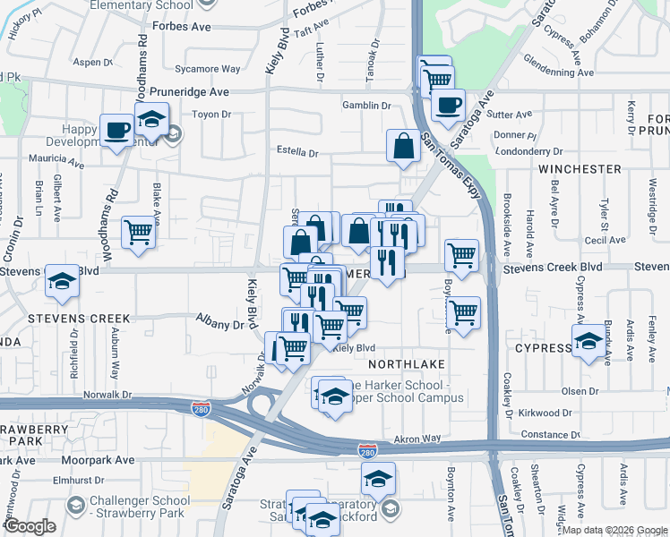 map of restaurants, bars, coffee shops, grocery stores, and more near 3910 Stevens Creek Boulevard in San Jose