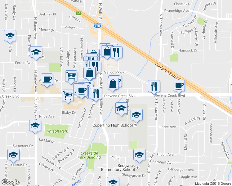 map of restaurants, bars, coffee shops, grocery stores, and more near 19499 Stevens Creek Boulevard in Cupertino
