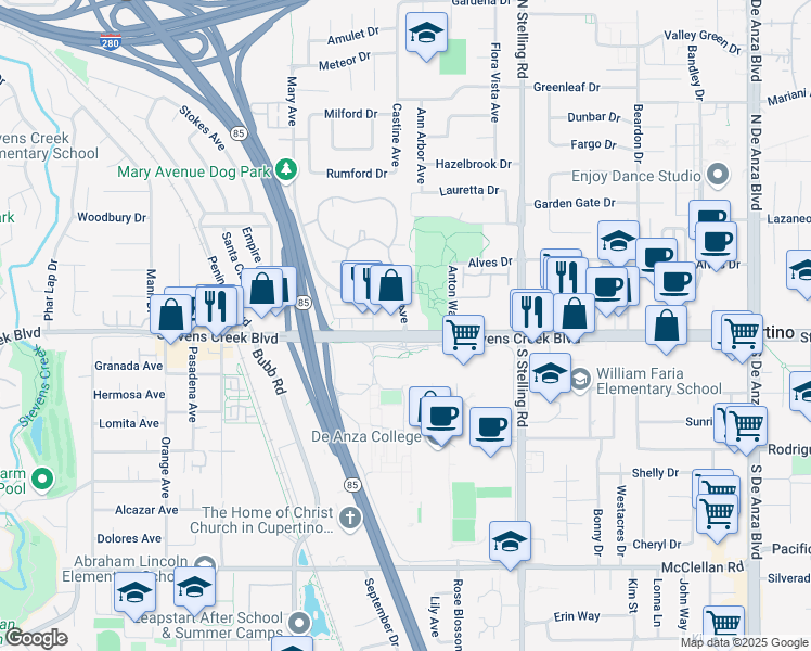 map of restaurants, bars, coffee shops, grocery stores, and more near 21255 Stevens Creek Boulevard in Cupertino
