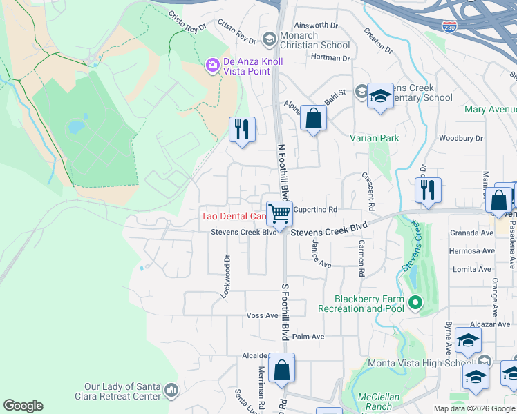 map of restaurants, bars, coffee shops, grocery stores, and more near 22658 Silver Oak Lane in Cupertino