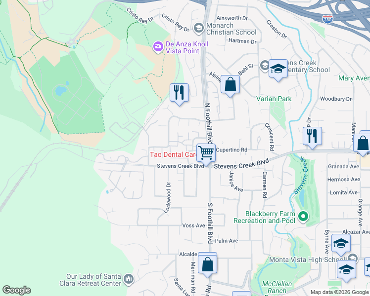 map of restaurants, bars, coffee shops, grocery stores, and more near 22672 Liberty Oak Lane in Cupertino