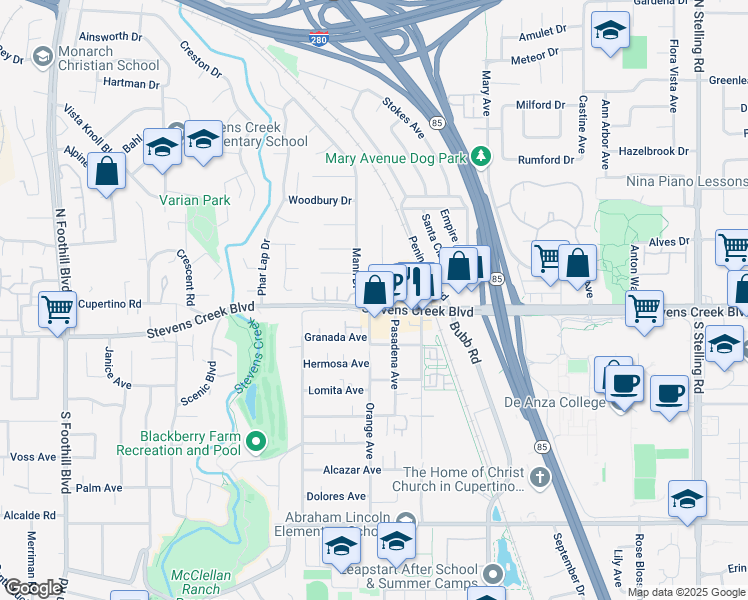 map of restaurants, bars, coffee shops, grocery stores, and more near 21730 Stevens Creek Boulevard in Cupertino